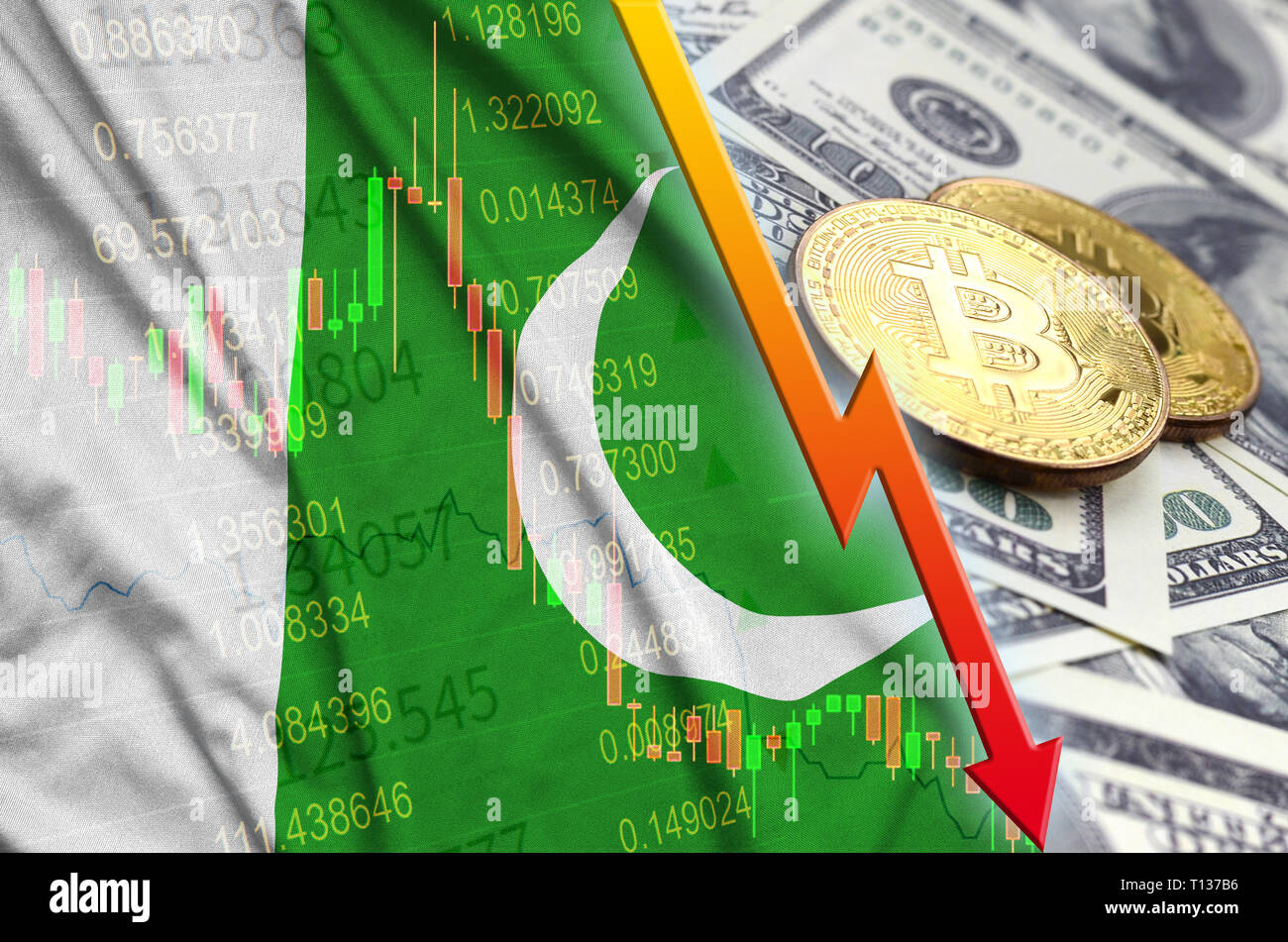 Pakistan Flag And Cryptocurrency Falling Trend With Two Bitcoins On - 
